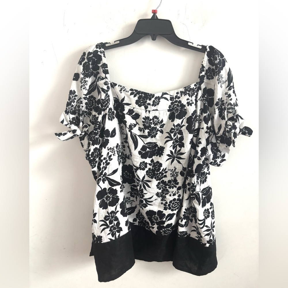 Milkmaid Womenβs Blouse 3X 100% Linen Black White Floral Puff Short Sleeve